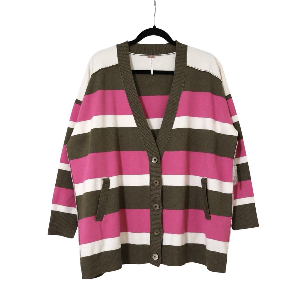 NWT Free People League of Her Own Pink Brown Striped Oversized Cardigan S Boho